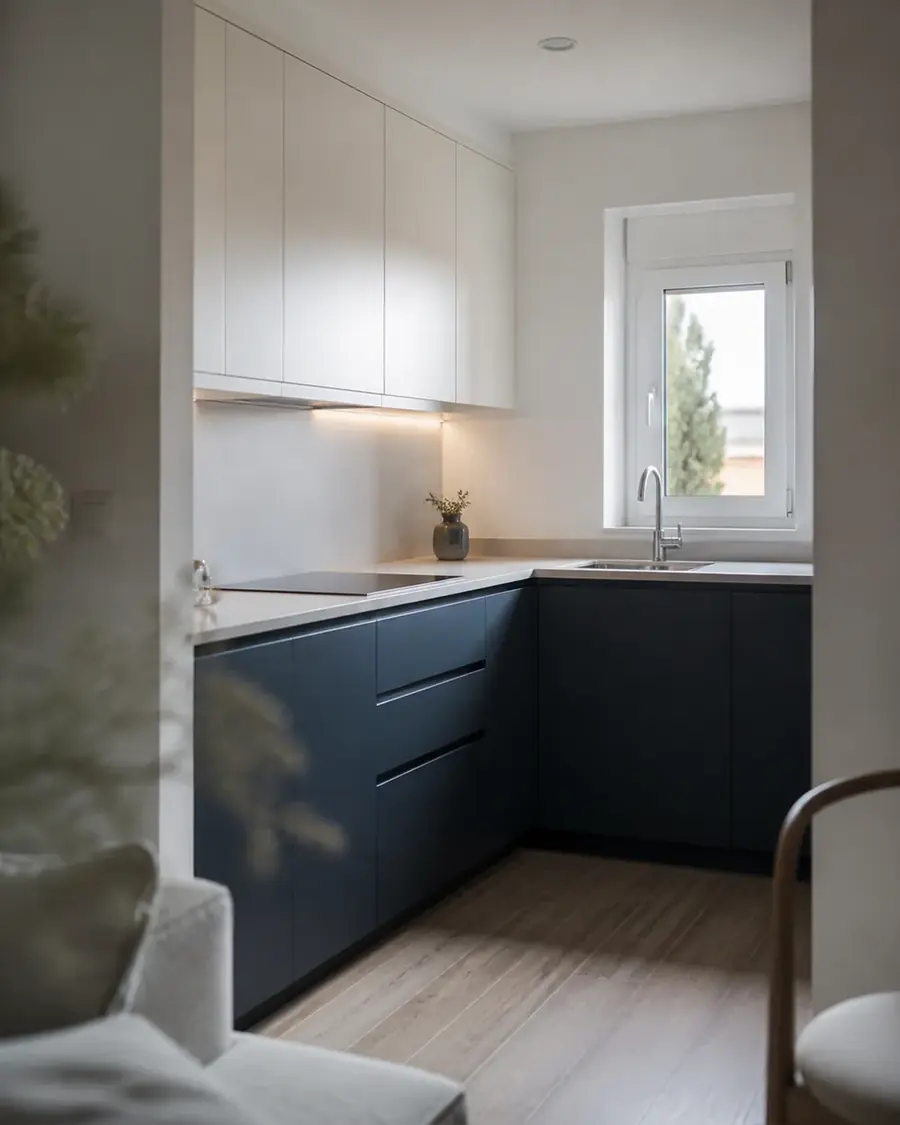 Cocina reformada con frentes azules y encimera clara